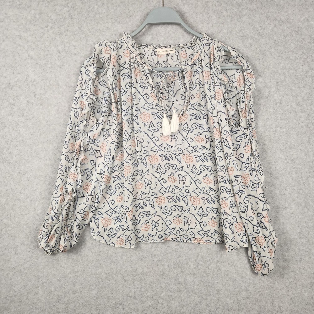 Ulla Johnson Blouse Womens Small Blue Pink White Silk Boho Ruffle Cold Shoulder